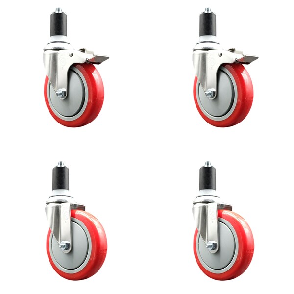 Service Caster 5 Inch 316SS Red Poly Swivel 1-1/2 Inch Expanding Stem Caster Lock Brake, 2PK SS316TTLEX20S514-PPUB-RED-2-S-2-112 - main